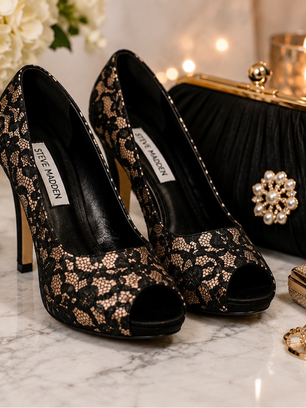 Steve Madden Huga Black Floral Lace Peep Toe Pumps Heels Size 8